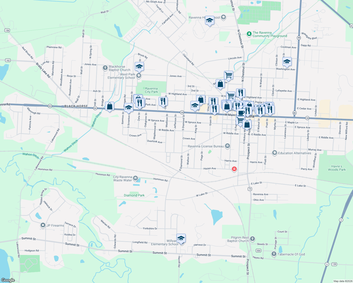 map of restaurants, bars, coffee shops, grocery stores, and more near 435 Jefferson St in Ravenna