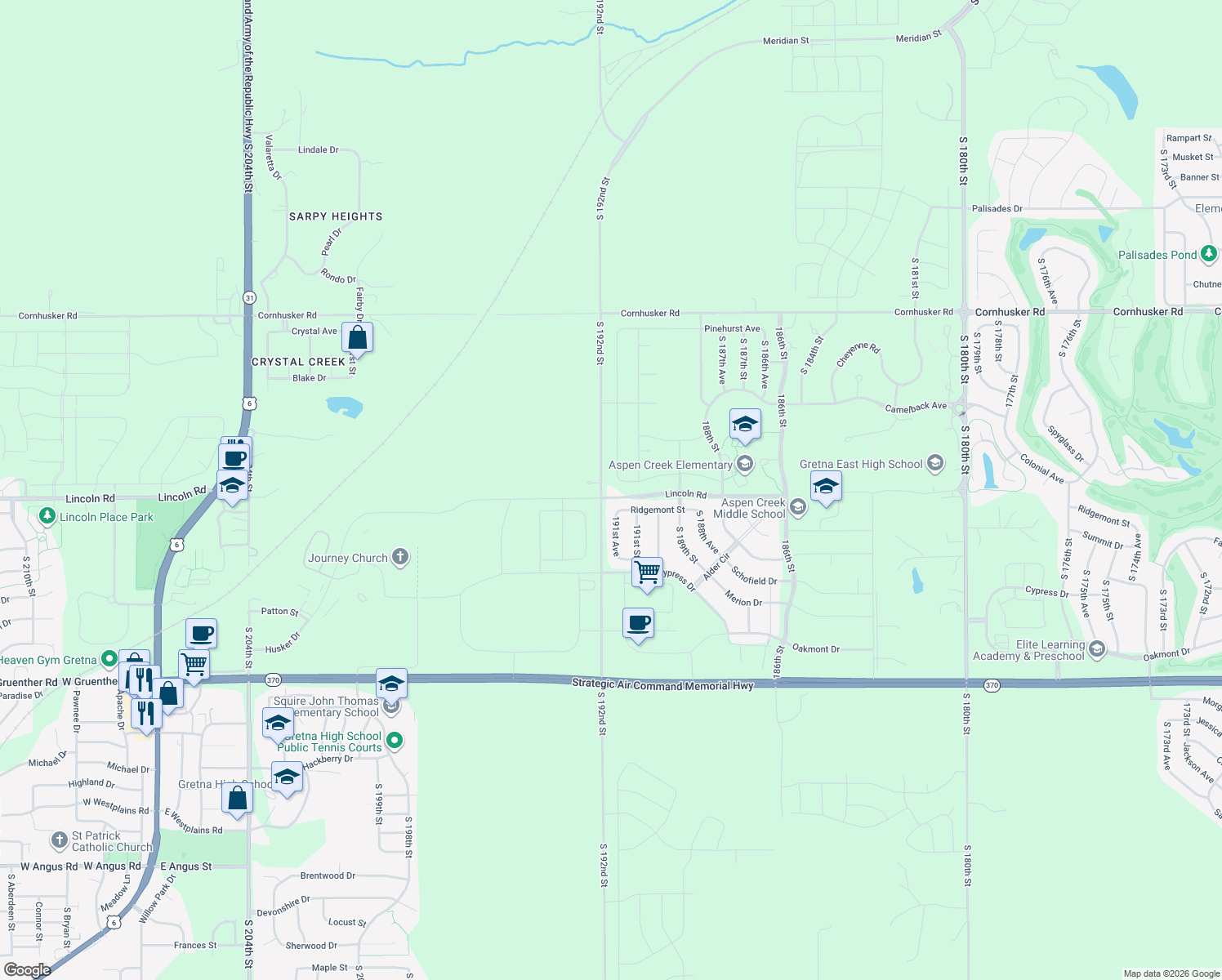 map of restaurants, bars, coffee shops, grocery stores, and more near 10515 South 192nd Street in Gretna
