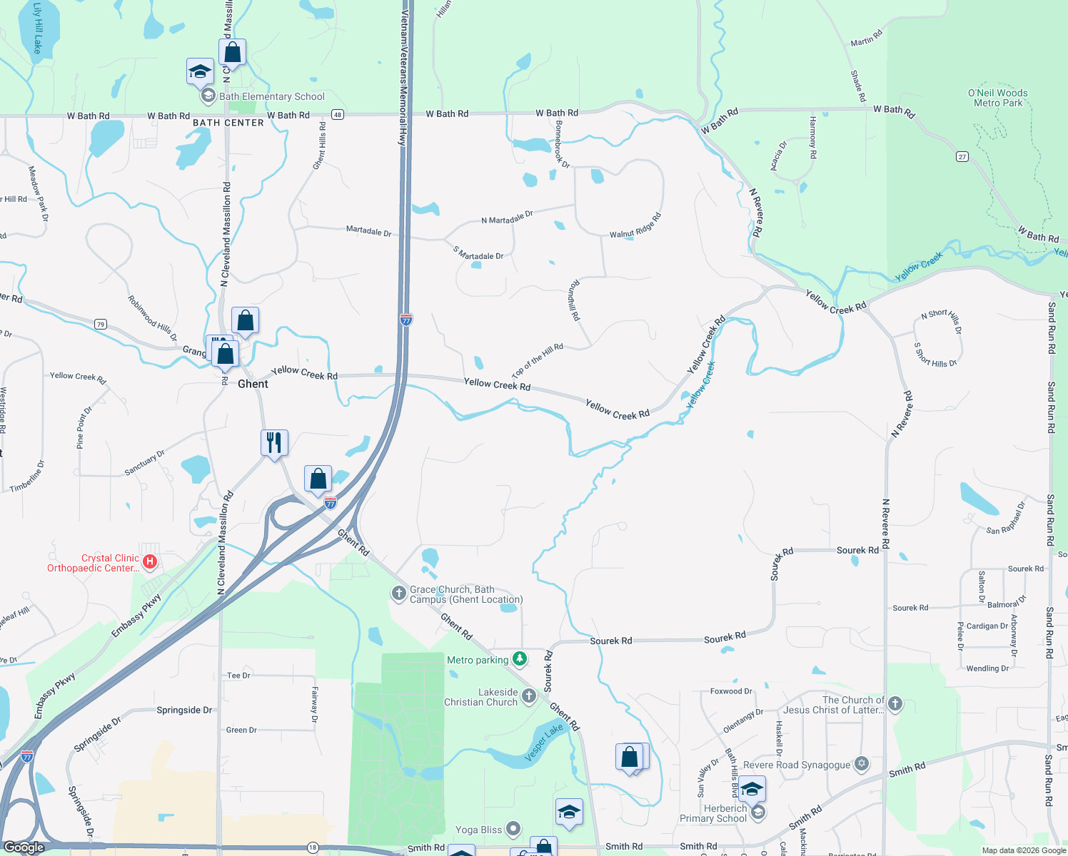 map of restaurants, bars, coffee shops, grocery stores, and more near 3166 Yellow Creek Road in Akron