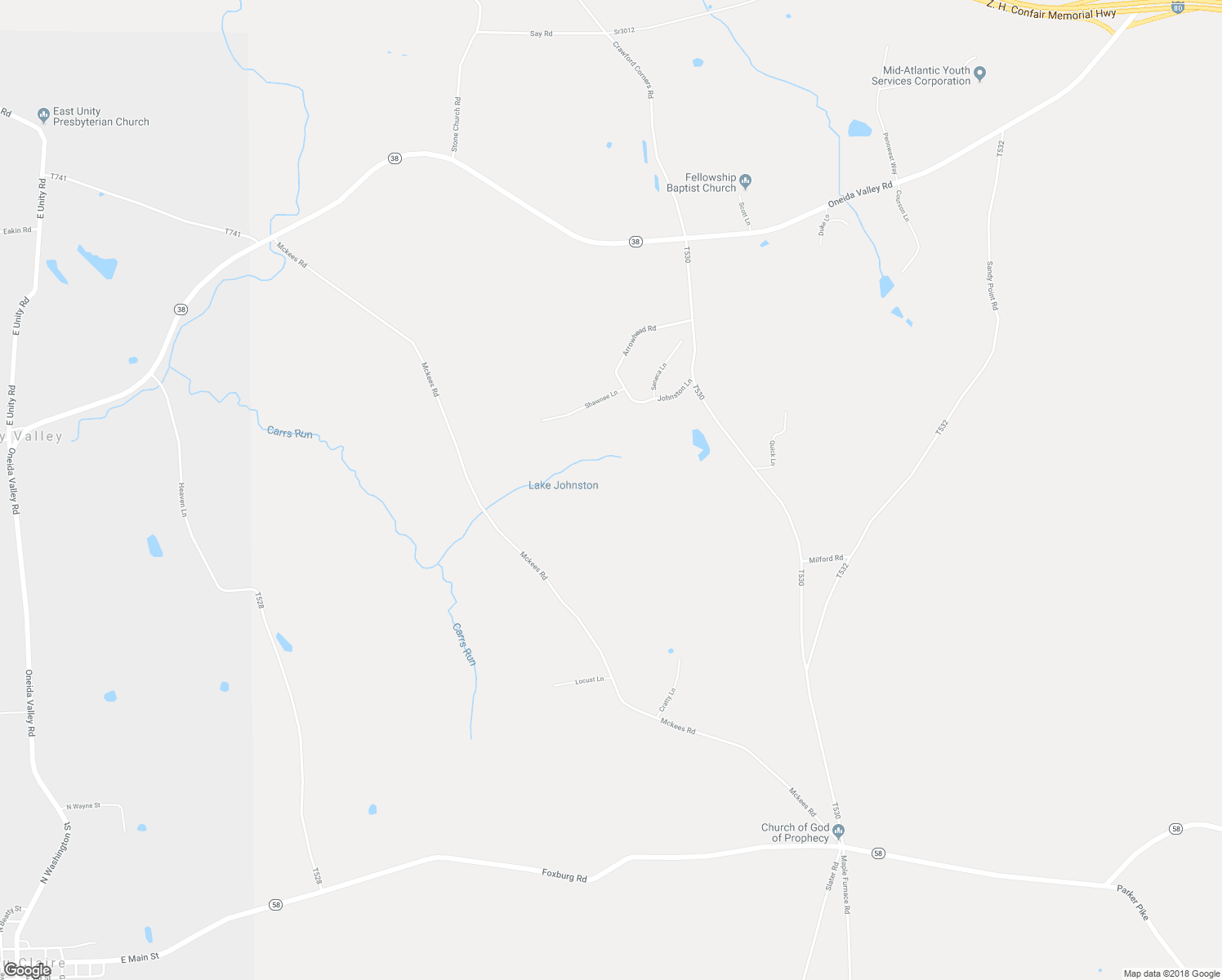 map of restaurants, bars, coffee shops, grocery stores, and more near 156 Johnston Lane in Emlenton