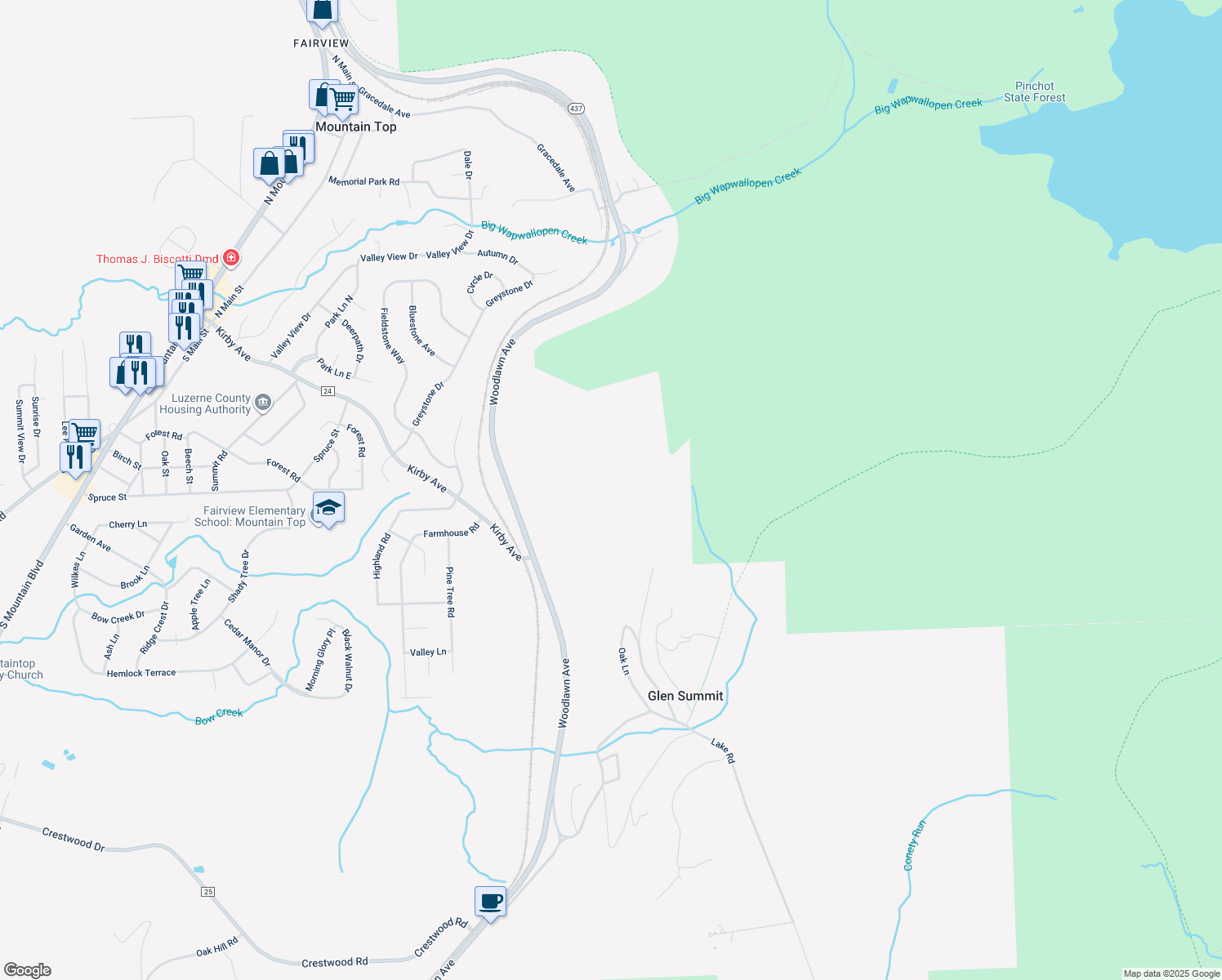 map of restaurants, bars, coffee shops, grocery stores, and more near White Birch Lane in Mountain Top