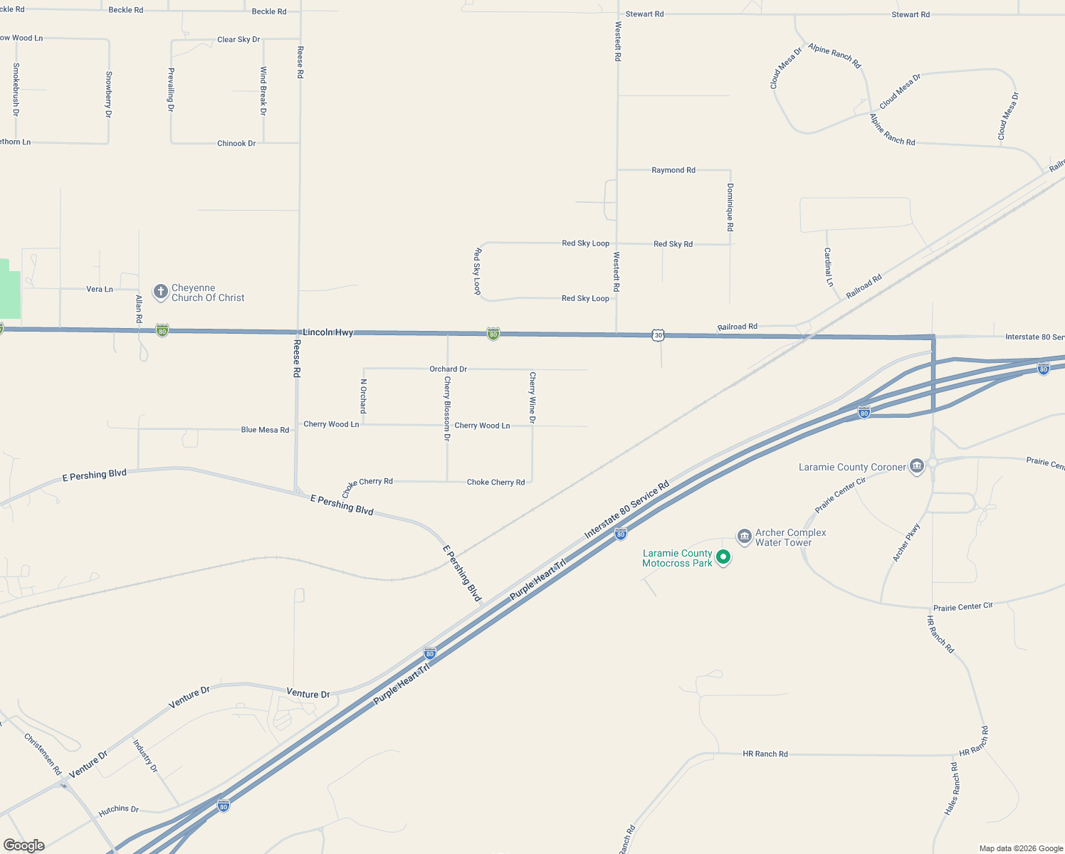 map of restaurants, bars, coffee shops, grocery stores, and more near 10899 Cherry Wine Dr in Cheyenne