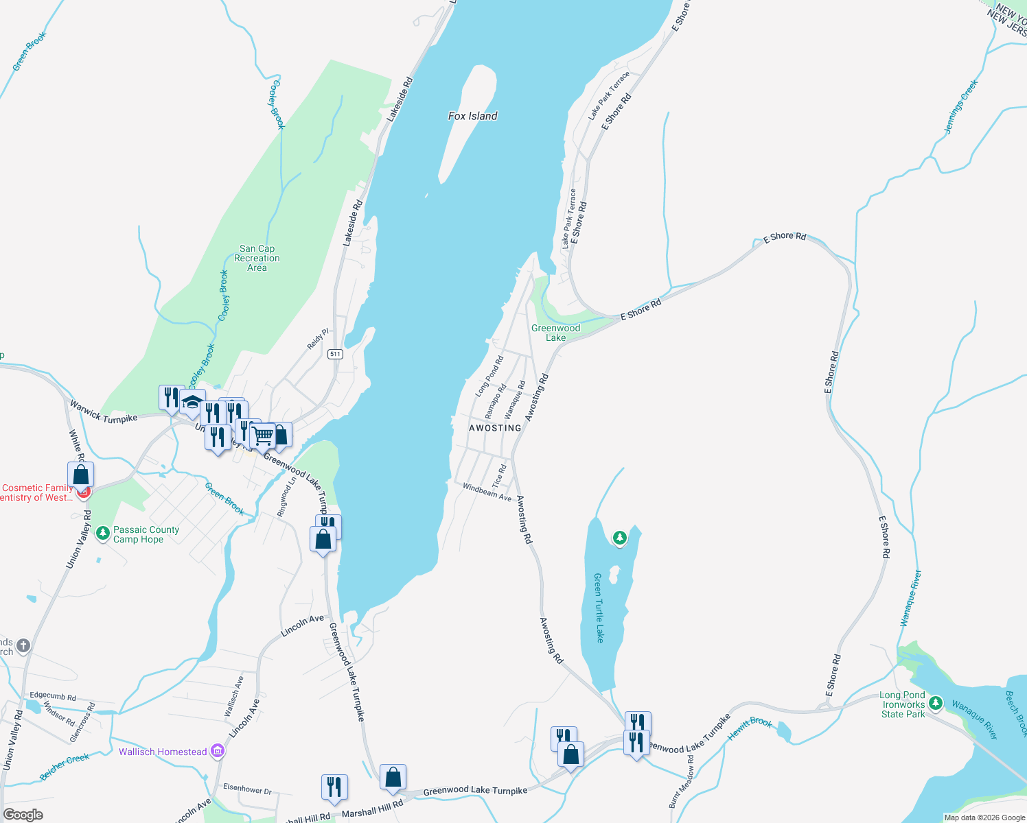 map of restaurants, bars, coffee shops, grocery stores, and more near 37 Wanaque Road in West Milford
