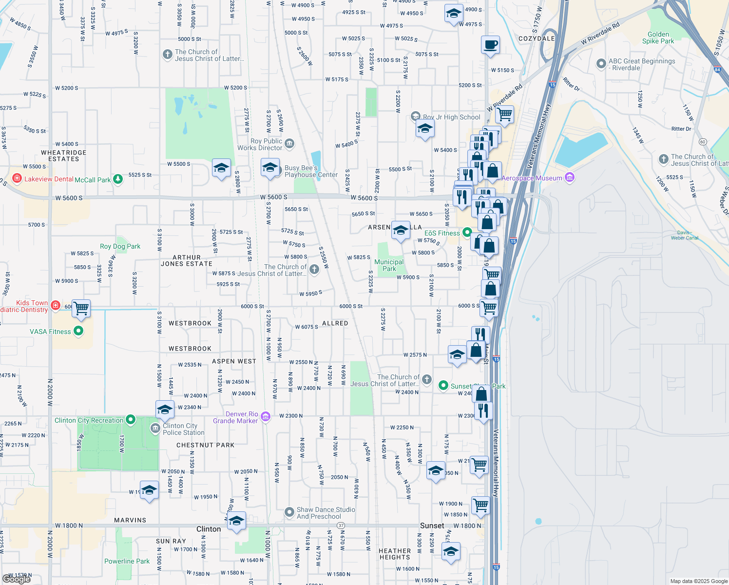 map of restaurants, bars, coffee shops, grocery stores, and more near West 5950 South in Roy