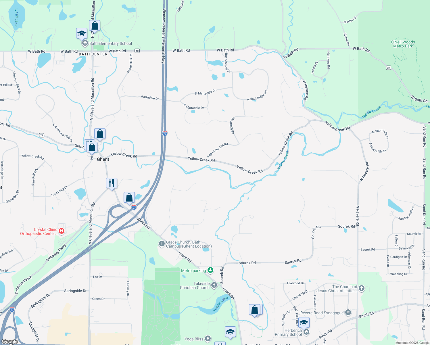 map of restaurants, bars, coffee shops, grocery stores, and more near 3166 Yellow Creek Road in Akron