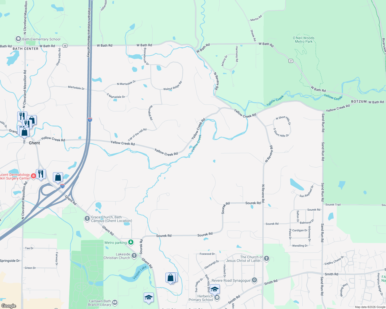 map of restaurants, bars, coffee shops, grocery stores, and more near 2926 Yellow Creek Road in Akron