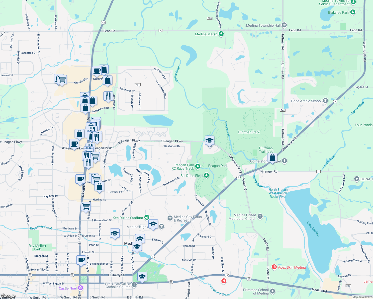 map of restaurants, bars, coffee shops, grocery stores, and more near 1028 Beechwood Drive in Medina