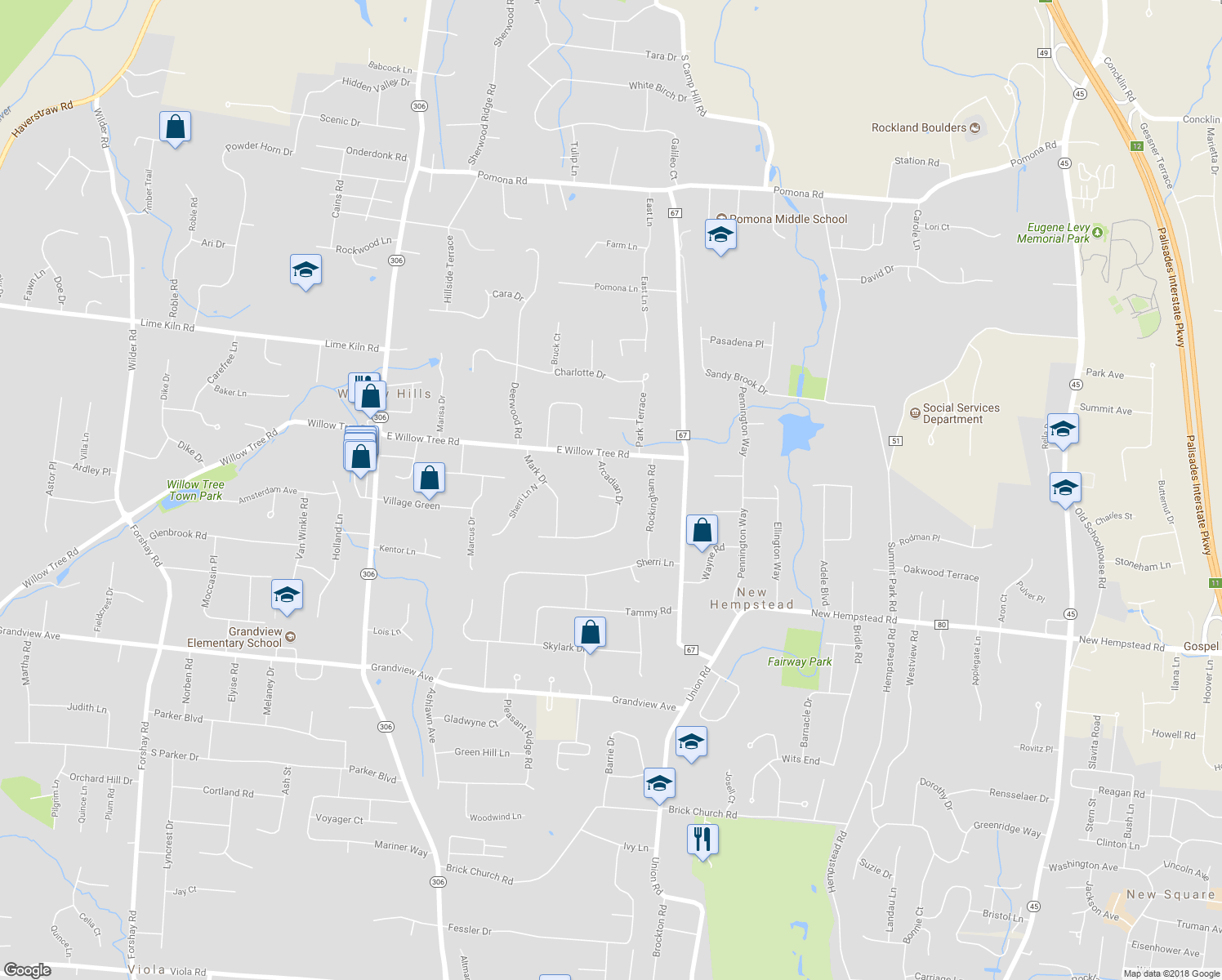 map of restaurants, bars, coffee shops, grocery stores, and more near 7 Arcadian Drive in Spring Valley