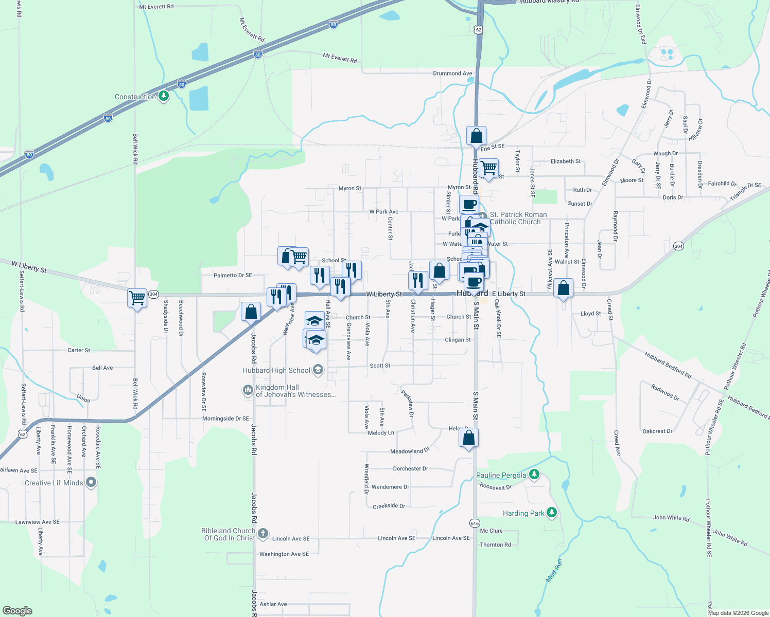 map of restaurants, bars, coffee shops, grocery stores, and more near 40 5th Avenue in Hubbard