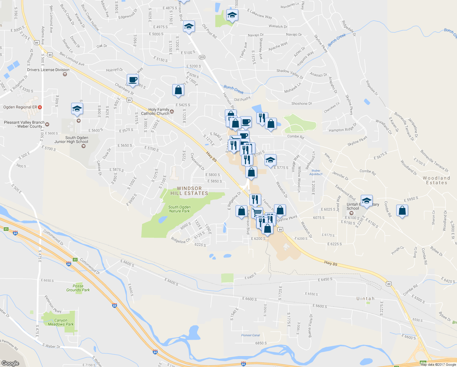map of restaurants, bars, coffee shops, grocery stores, and more near 1425 East 5850 South in South Ogden