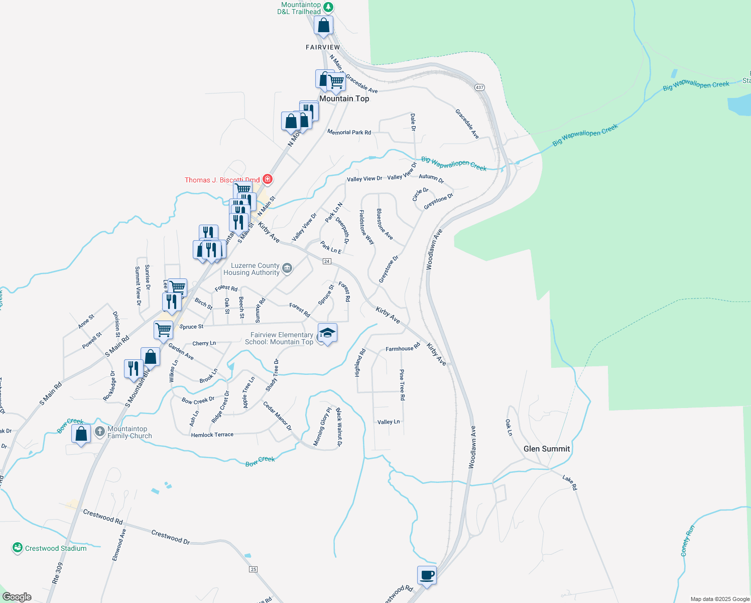 map of restaurants, bars, coffee shops, grocery stores, and more near 8 Fieldstone Way in Mountain Top