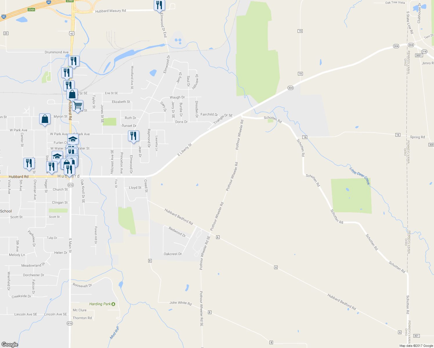 map of restaurants, bars, coffee shops, grocery stores, and more near 3184 Pothour Wheeler Road in Hubbard