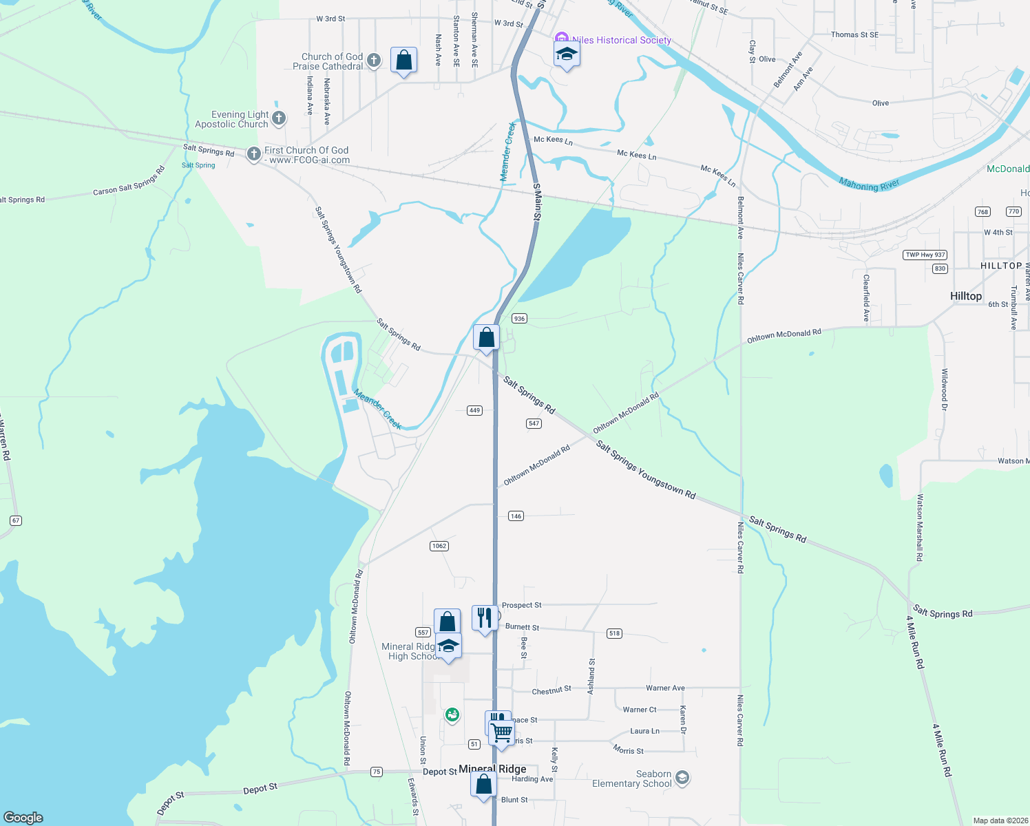 map of restaurants, bars, coffee shops, grocery stores, and more near 1460 Salt Springs Rd in Niles