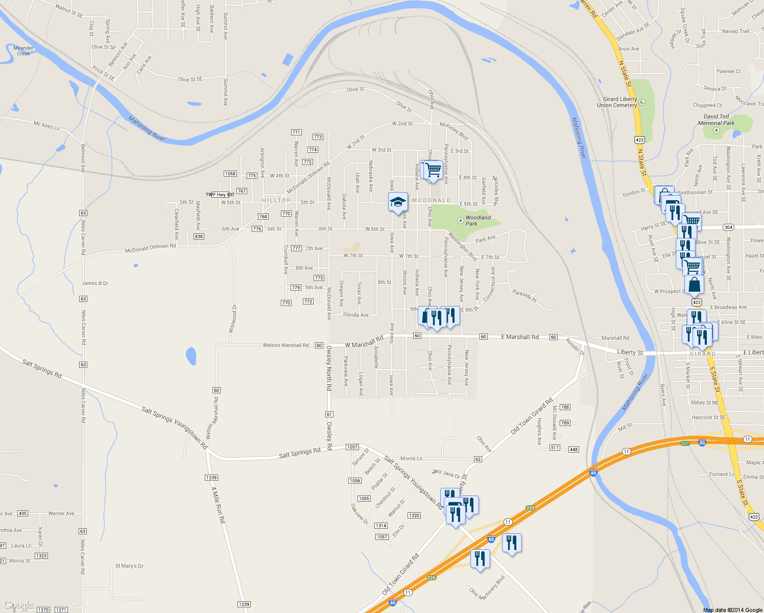 map of restaurants, bars, coffee shops, grocery stores, and more near 843 Florida Avenue in McDonald