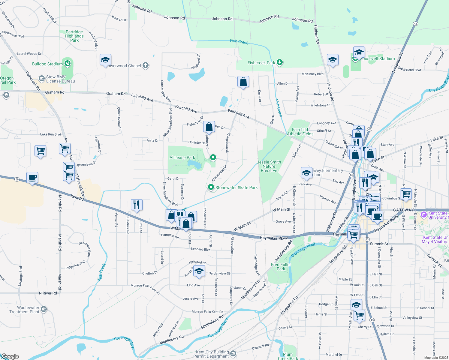 map of restaurants, bars, coffee shops, grocery stores, and more near 990 Wrens Hollow Cir in Kent