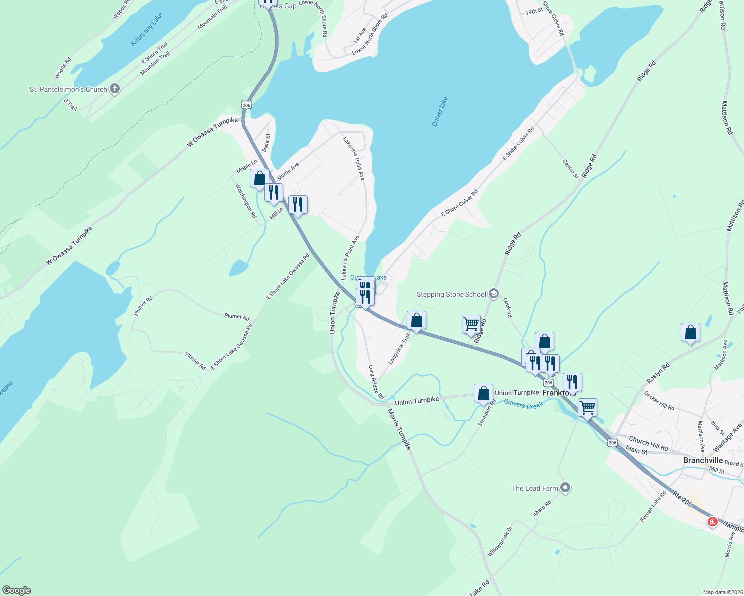 map of restaurants, bars, coffee shops, grocery stores, and more near 15 E Shore Culver Rd in Branchville