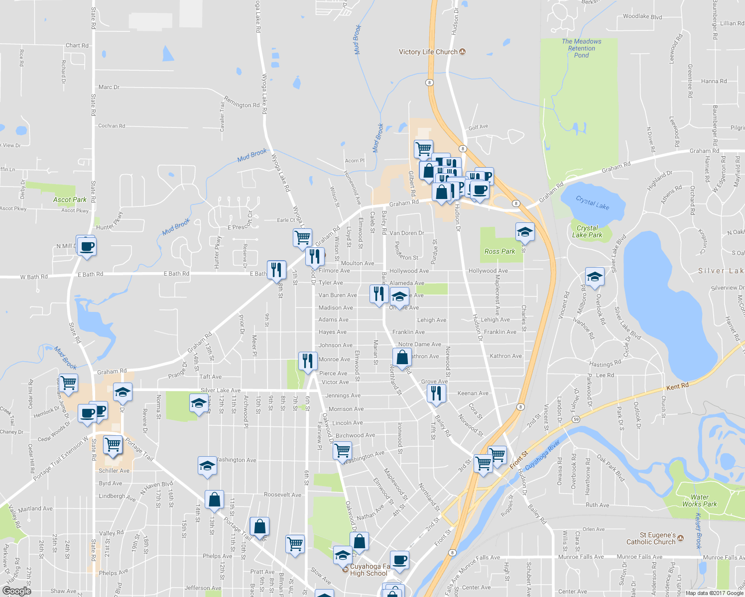 map of restaurants, bars, coffee shops, grocery stores, and more near 100 Van Buren Avenue in Cuyahoga Falls