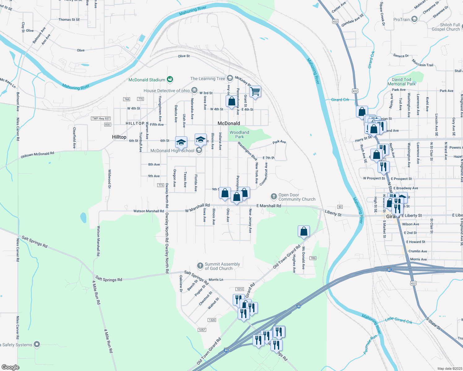 map of restaurants, bars, coffee shops, grocery stores, and more near 841 Ohio Ave in McDonald