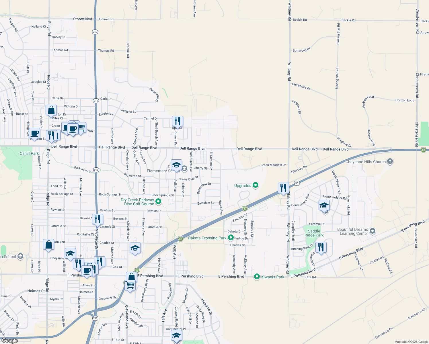 map of restaurants, bars, coffee shops, grocery stores, and more near 5423 Liberty St in Cheyenne