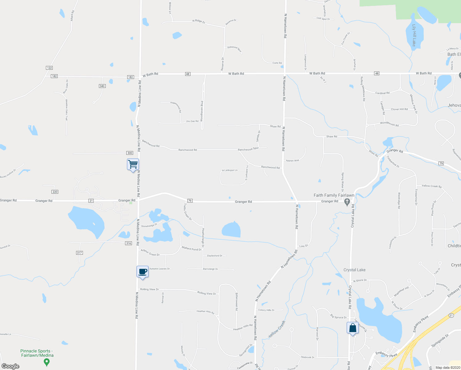 map of restaurants, bars, coffee shops, grocery stores, and more near 4508 South Larkspur Lane in Akron