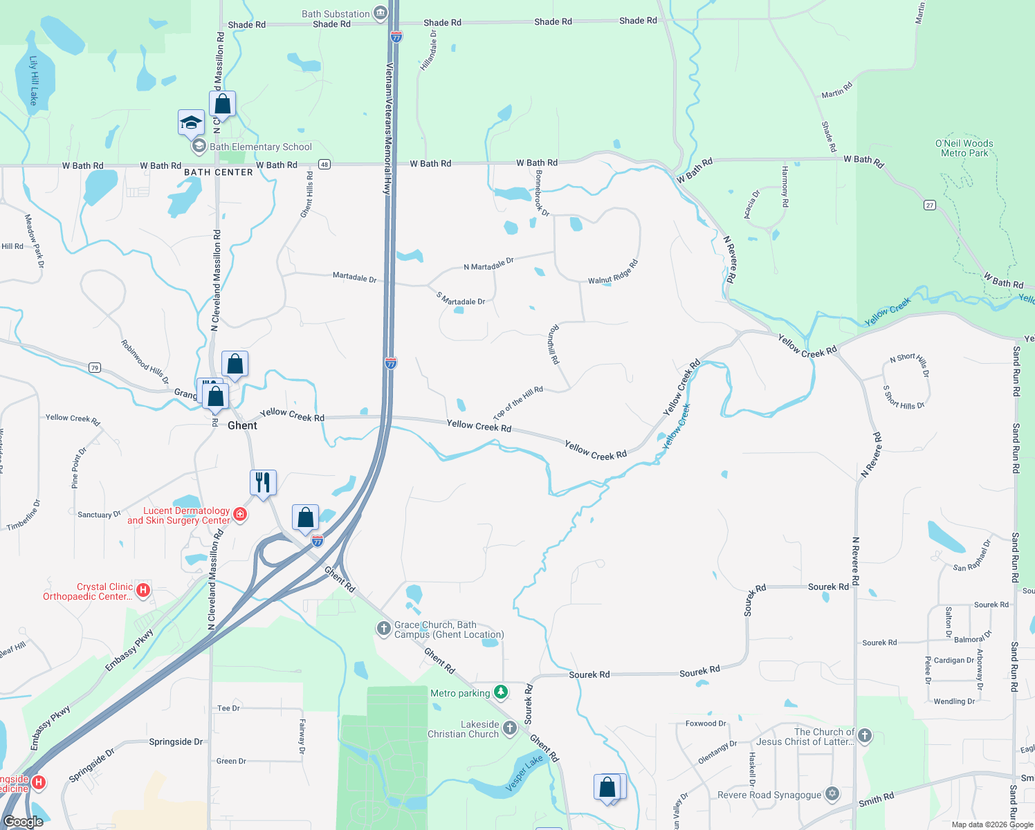 map of restaurants, bars, coffee shops, grocery stores, and more near 933 Top of the Hill Rd in Akron