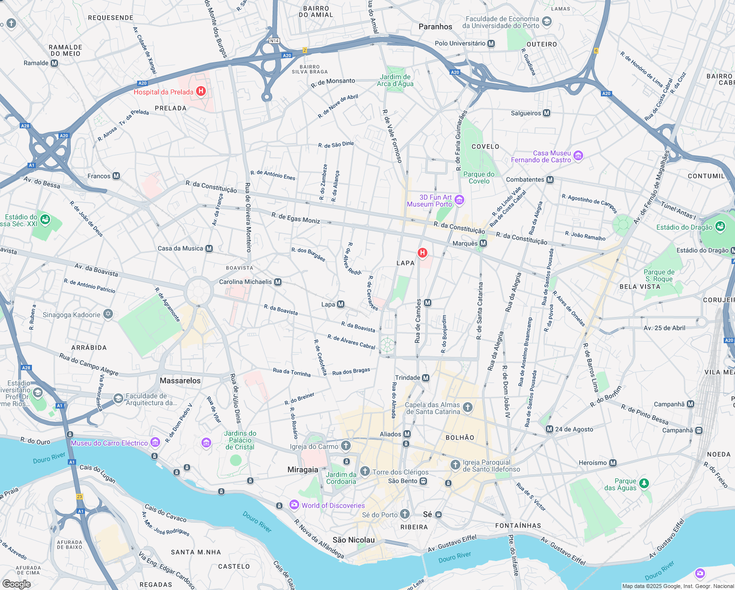 map of restaurants, bars, coffee shops, grocery stores, and more near 169 Rua de Cervantes in Porto