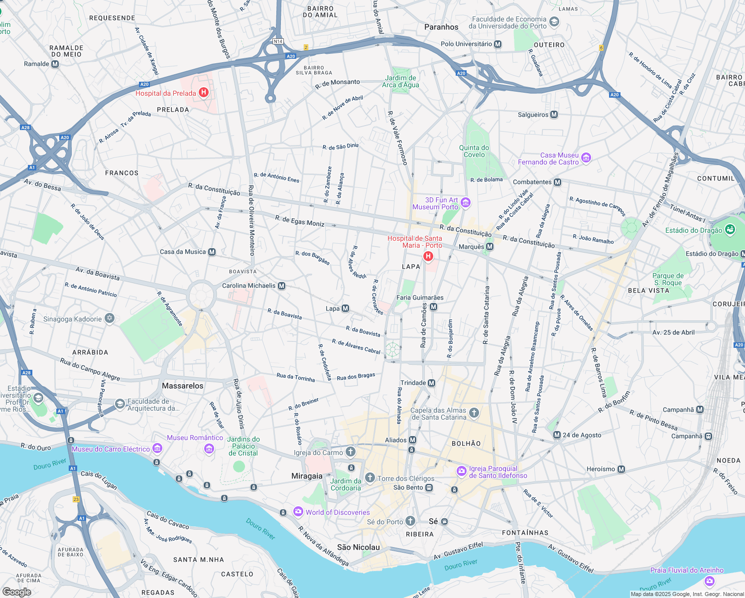 map of restaurants, bars, coffee shops, grocery stores, and more near 169 Rua de Cervantes in Porto