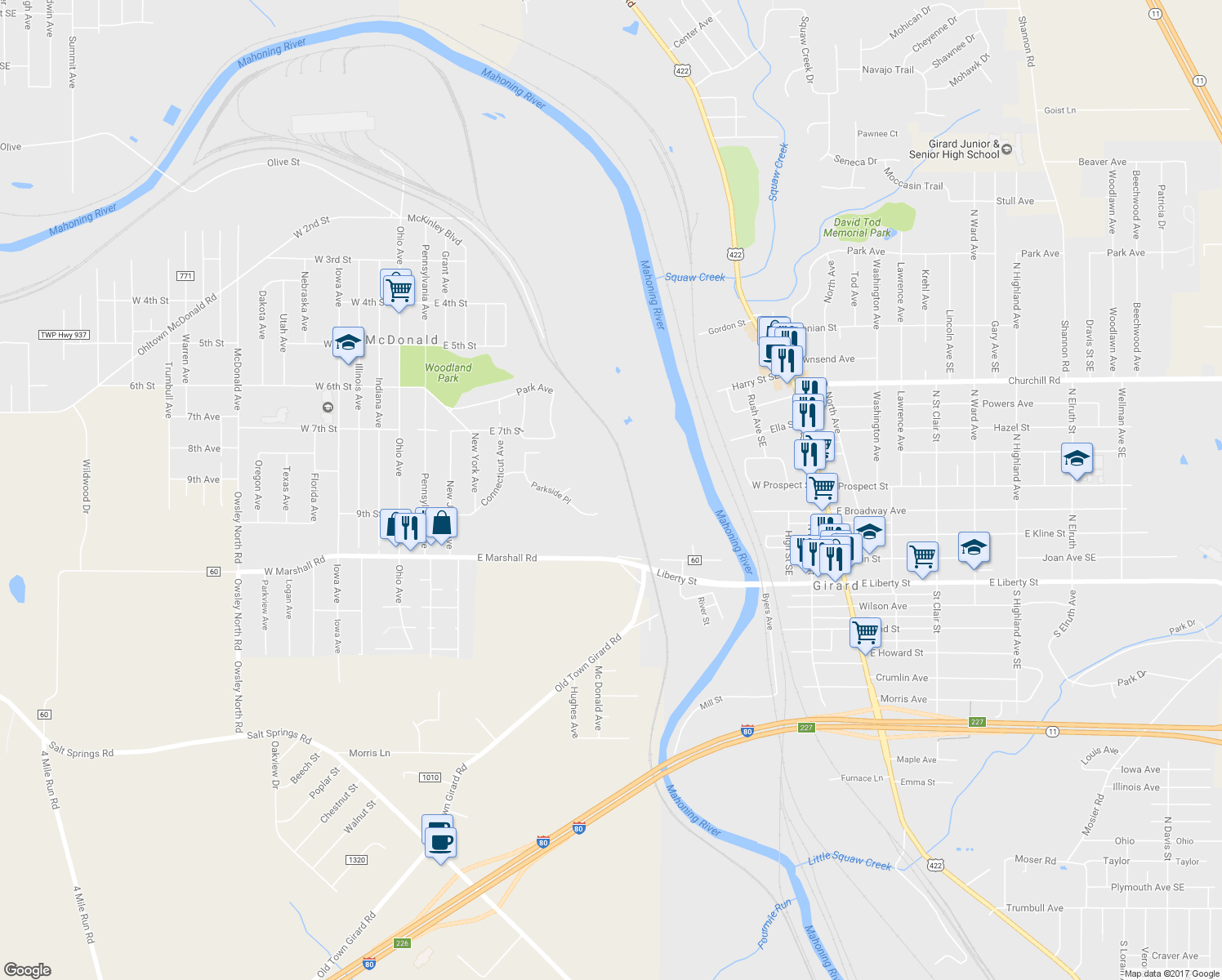 map of restaurants, bars, coffee shops, grocery stores, and more near 941 Parkside Place in McDonald