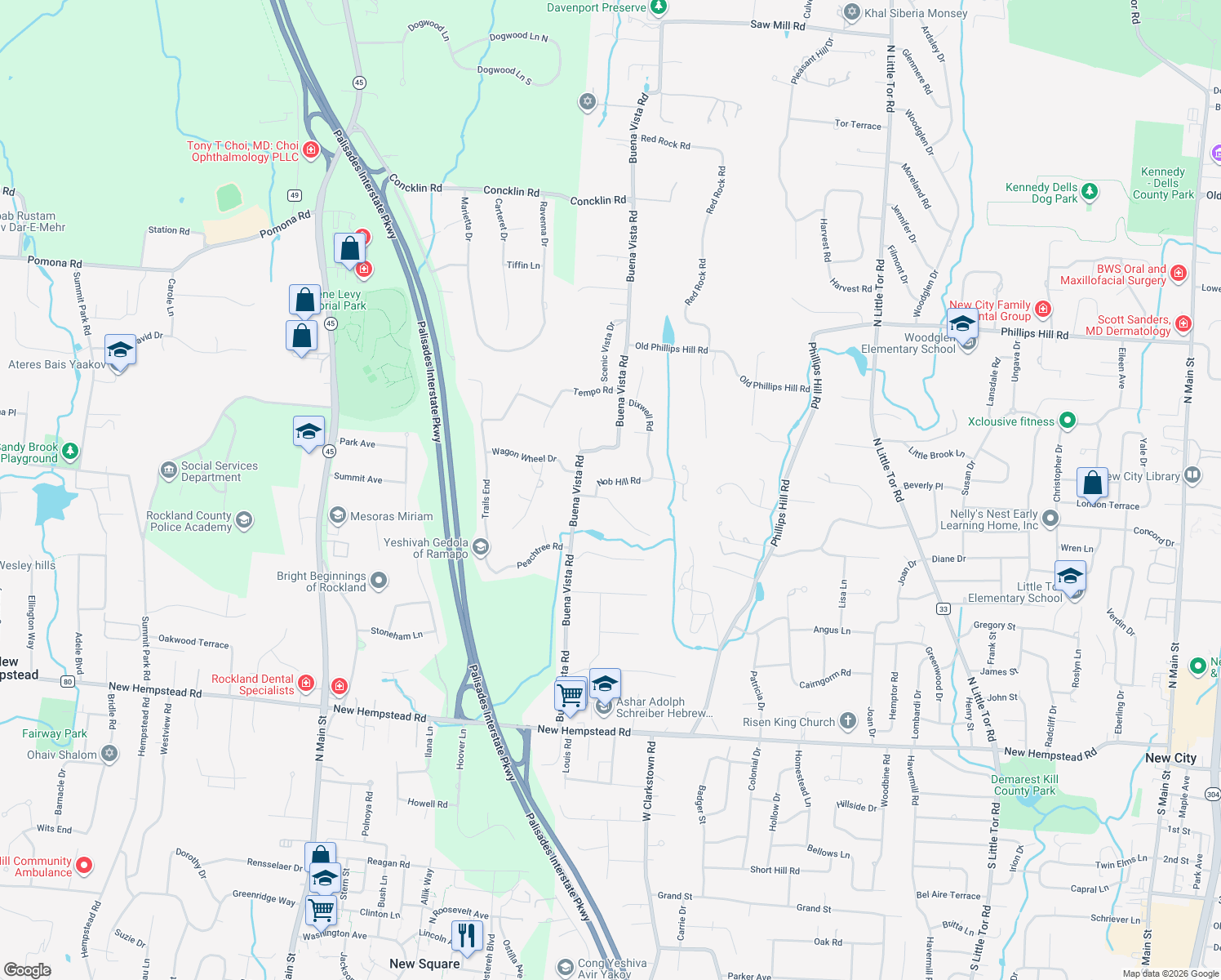 map of restaurants, bars, coffee shops, grocery stores, and more near 6 Nob Hill Road in New City