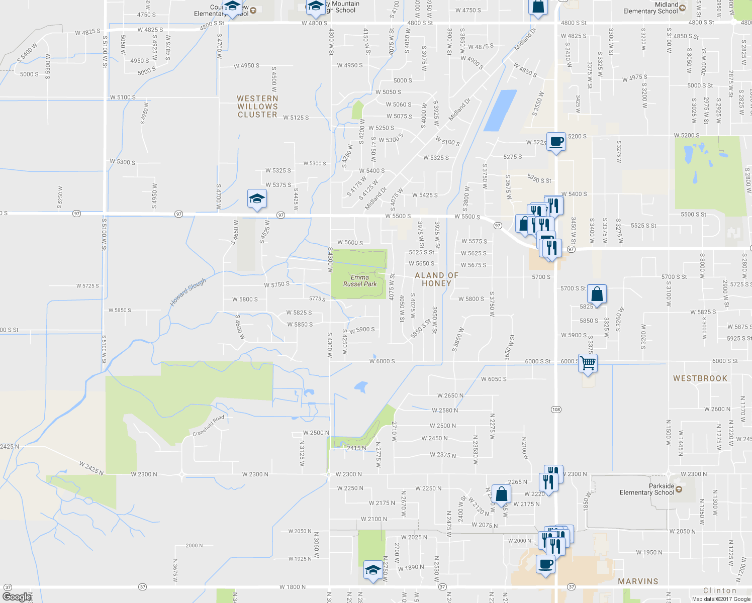 map of restaurants, bars, coffee shops, grocery stores, and more near 5807 South 4150 West in Roy