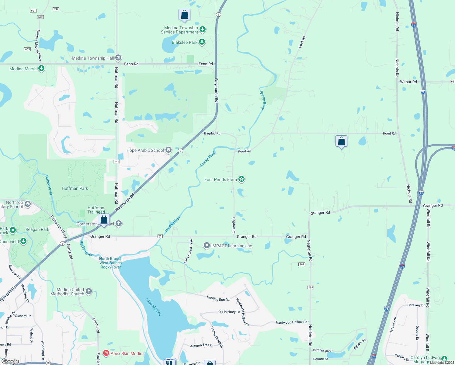 map of restaurants, bars, coffee shops, grocery stores, and more near 4296 Bagdad Road in Medina
