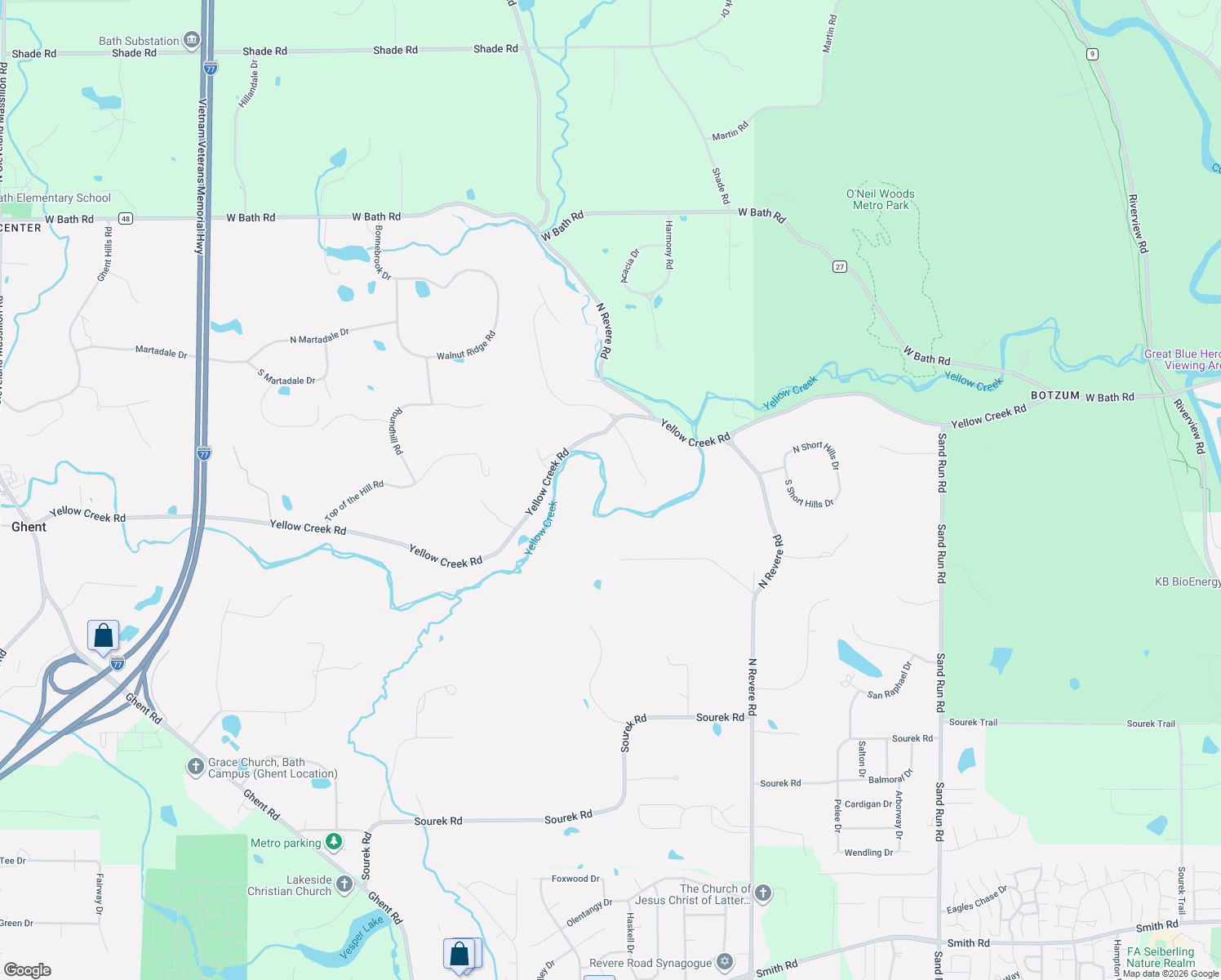 map of restaurants, bars, coffee shops, grocery stores, and more near 1200 Yellow Creek Lane in Akron