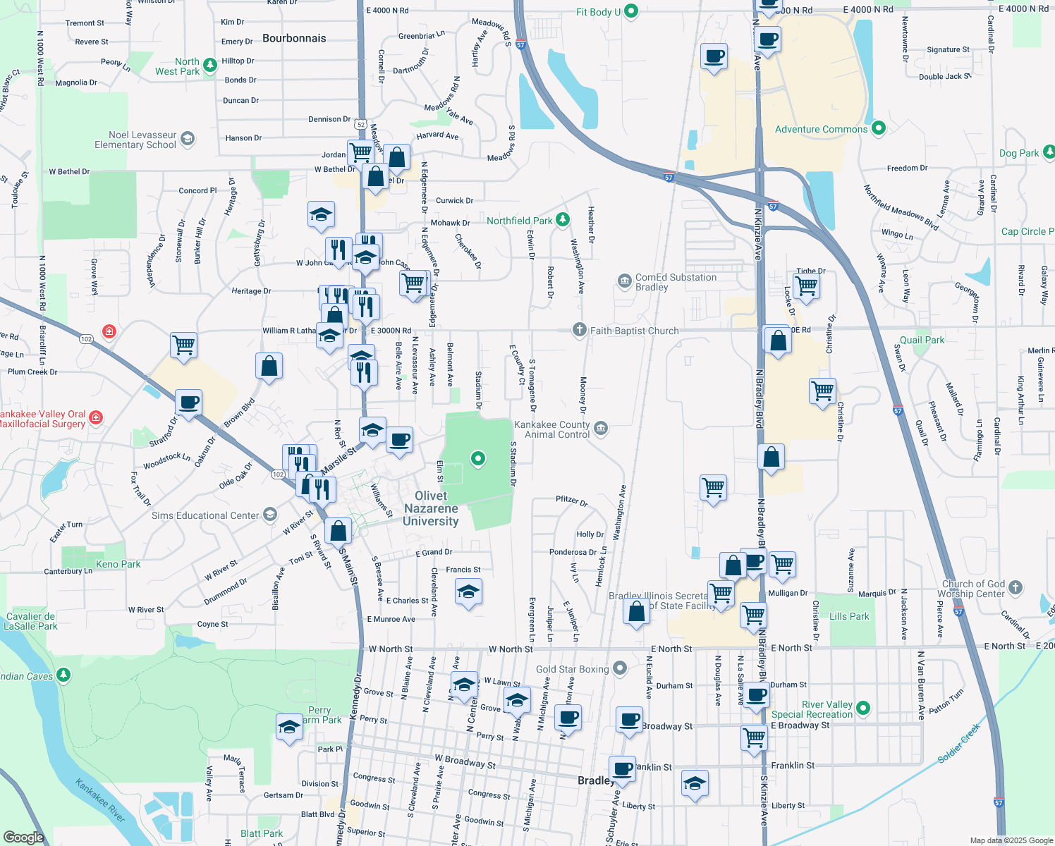 map of restaurants, bars, coffee shops, grocery stores, and more near 127 North Tomagene Drive in Bourbonnais