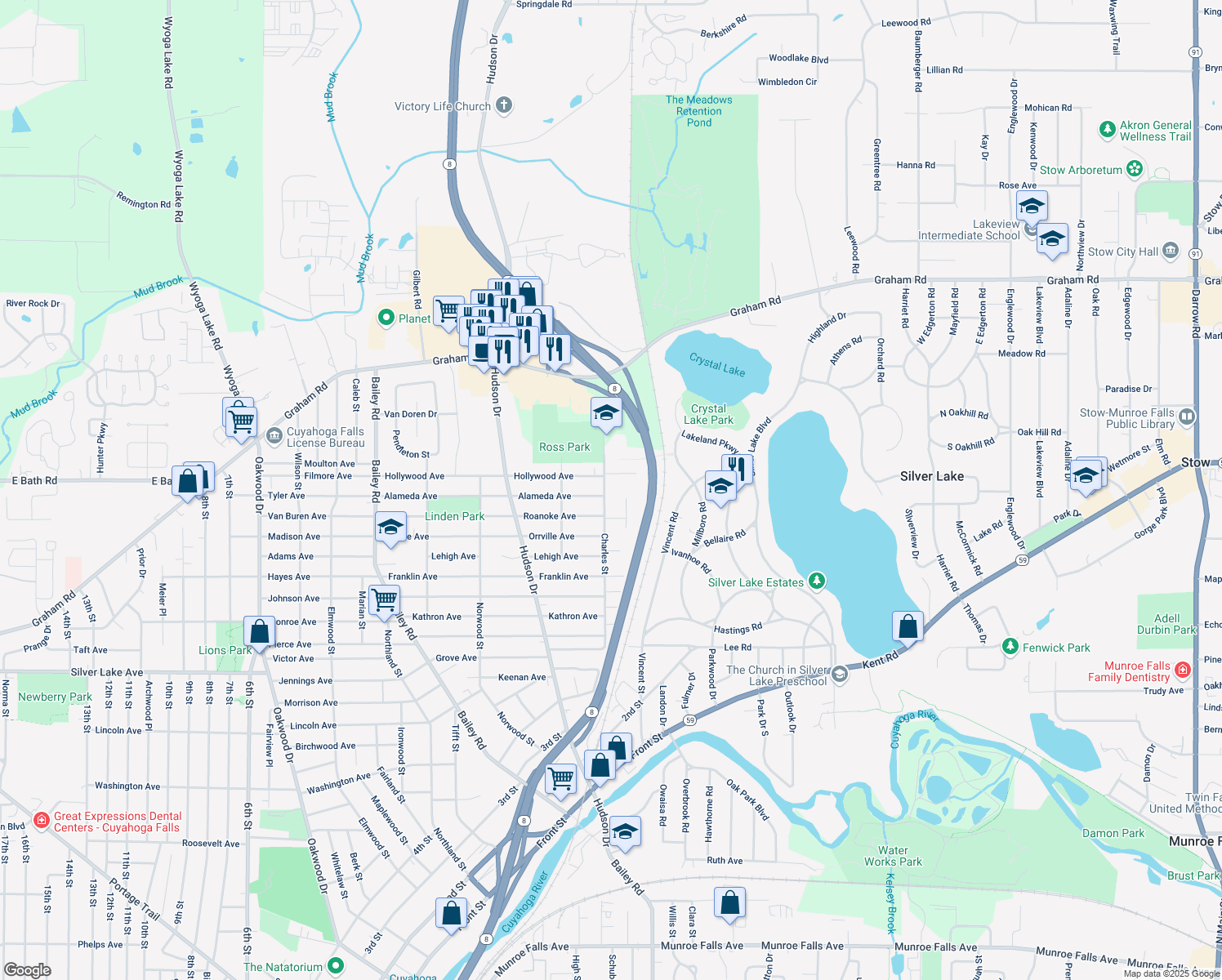 map of restaurants, bars, coffee shops, grocery stores, and more near 3305 Charles St in Cuyahoga Falls