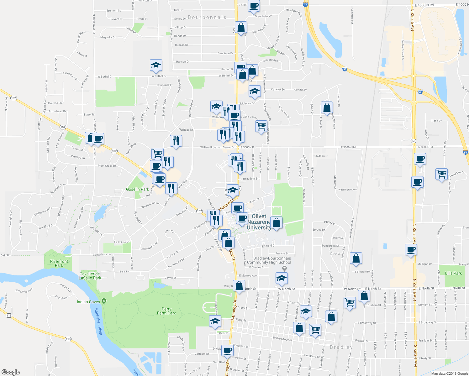 map of restaurants, bars, coffee shops, grocery stores, and more near 159 North Convent Street in Bourbonnais