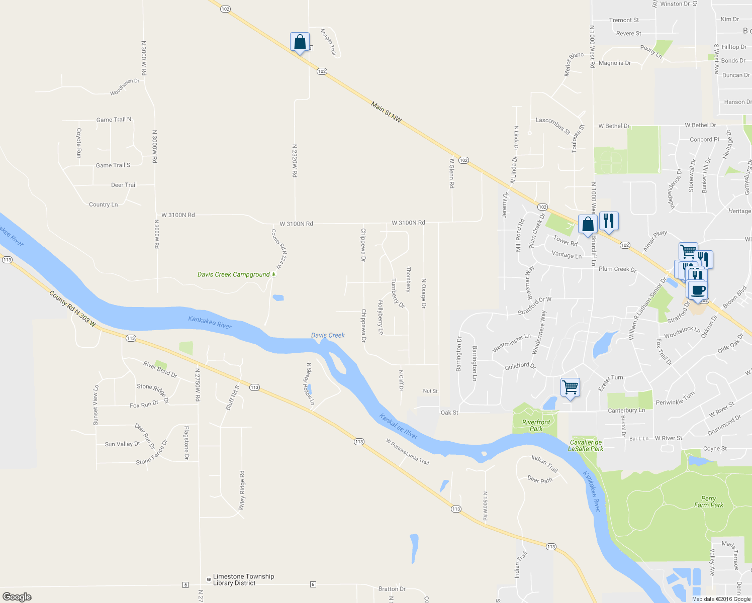 map of restaurants, bars, coffee shops, grocery stores, and more near 557 Hollyberry Lane in Bourbonnais