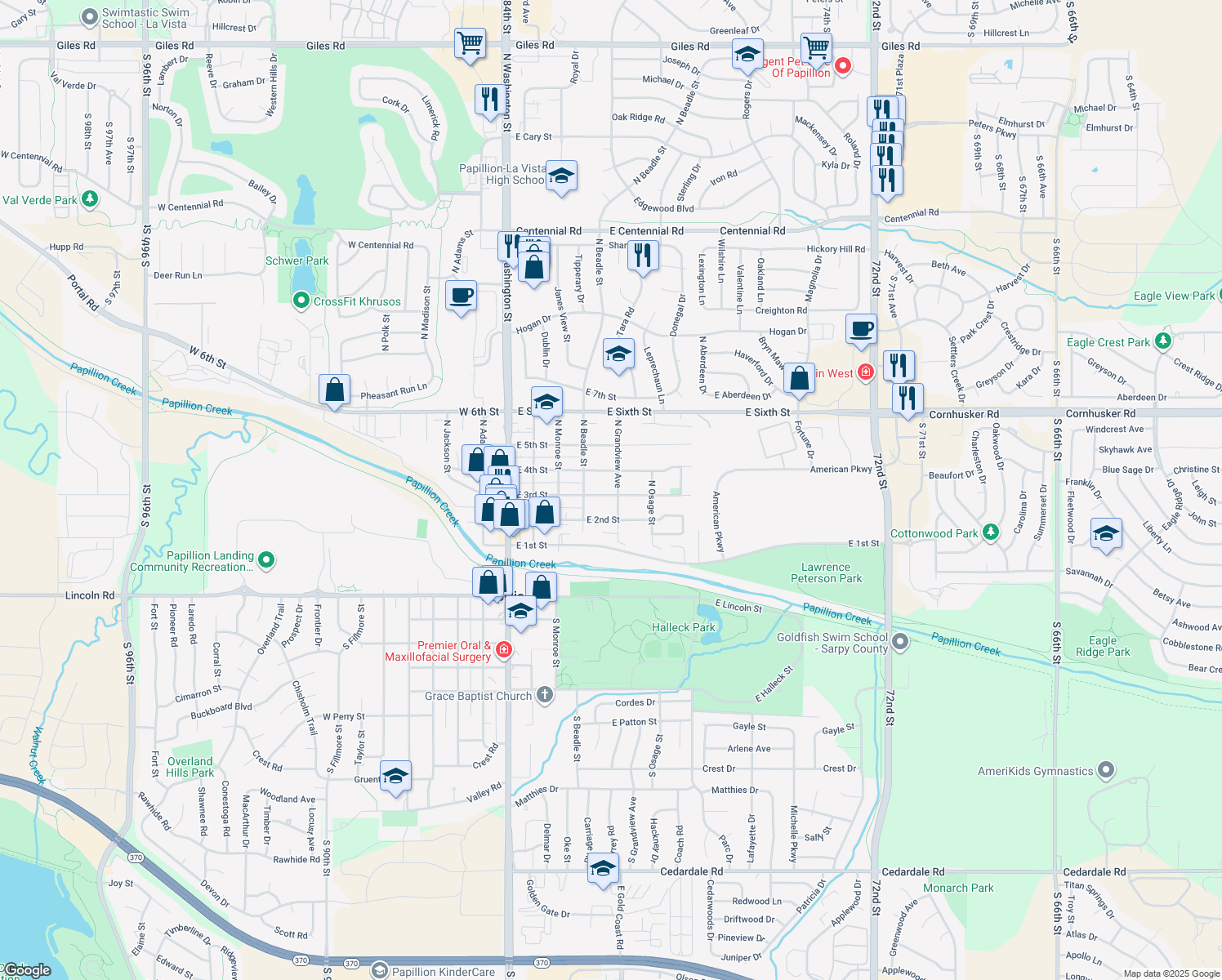 map of restaurants, bars, coffee shops, grocery stores, and more near 448 East 3rd Street in Papillion