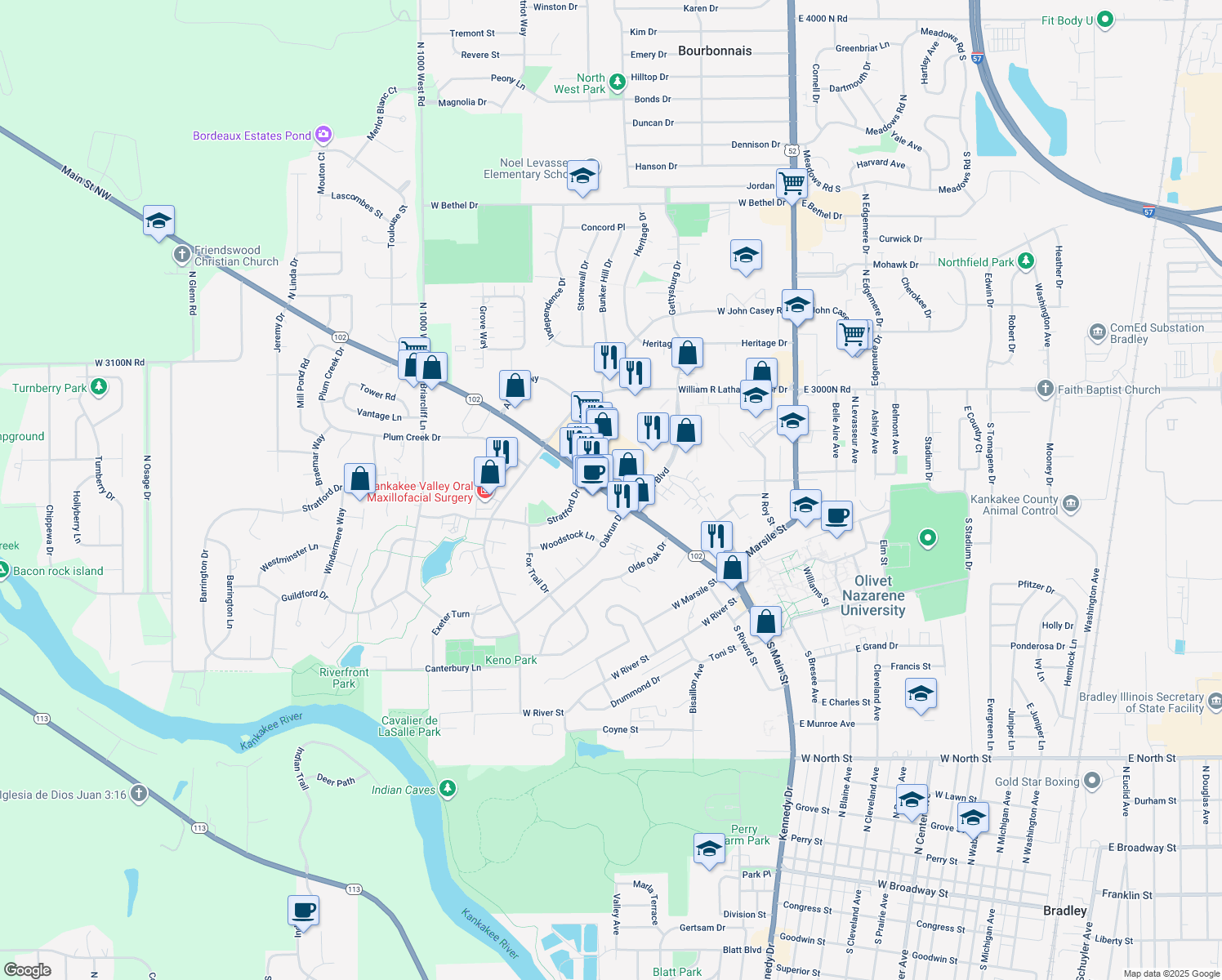 map of restaurants, bars, coffee shops, grocery stores, and more near 415 Main Street Northwest in Bourbonnais