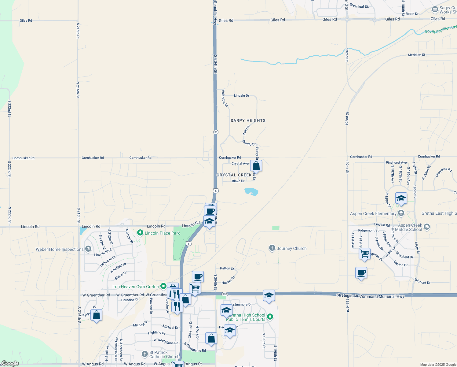 map of restaurants, bars, coffee shops, grocery stores, and more near 20307 Blake Drive in Gretna