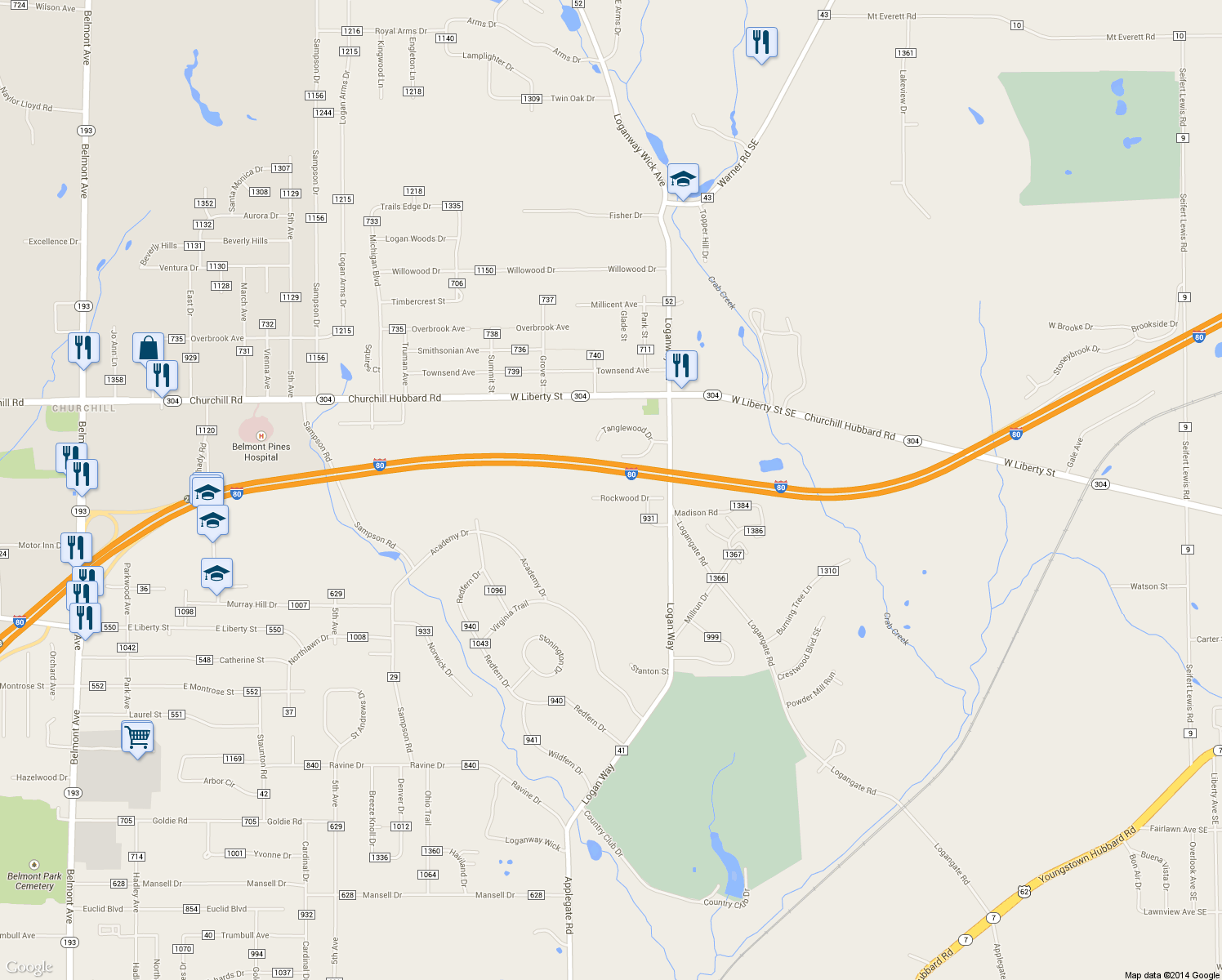 map of restaurants, bars, coffee shops, grocery stores, and more near 1615 Rockwood Drive in Youngstown