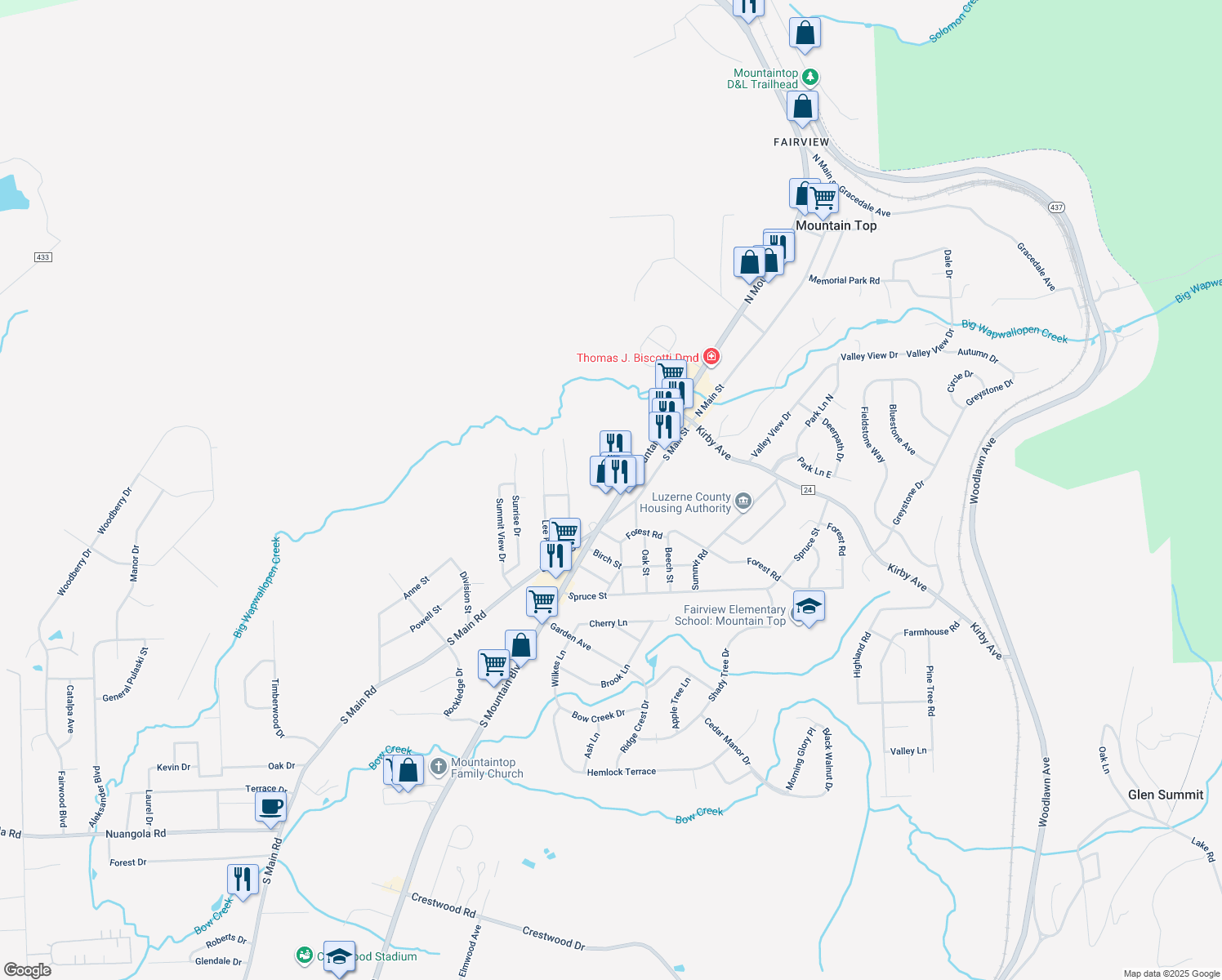 map of restaurants, bars, coffee shops, grocery stores, and more near 89 South Mountain Boulevard in Mountain Top