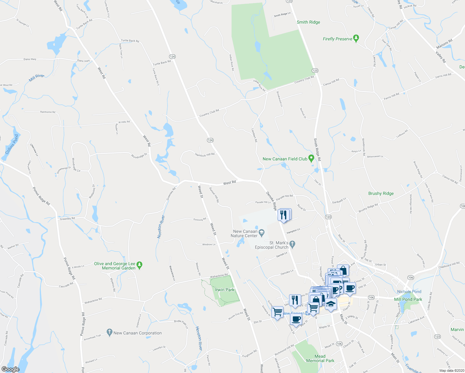 map of restaurants, bars, coffee shops, grocery stores, and more near 32 West Road in New Canaan