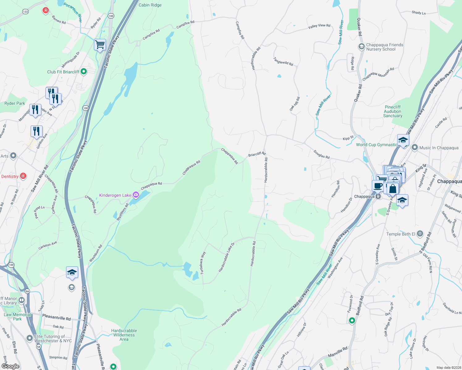 map of restaurants, bars, coffee shops, grocery stores, and more near 630 Chappaqua Road in Briarcliff Manor