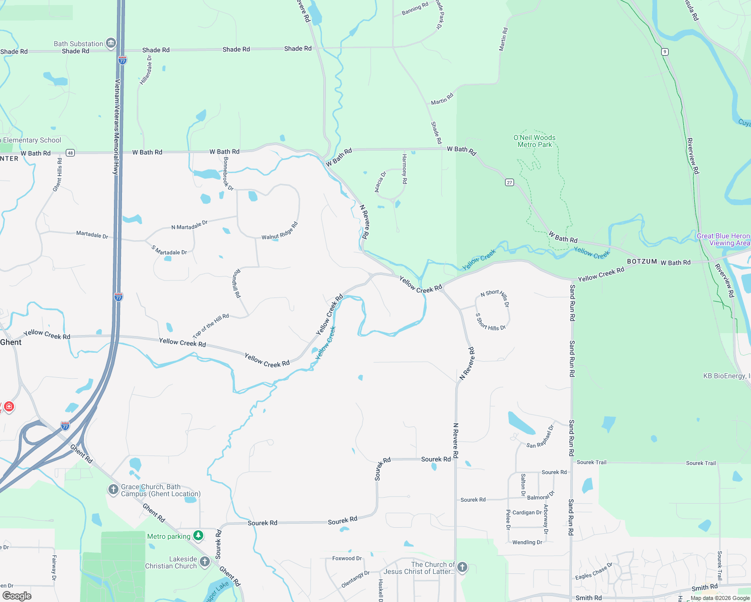 map of restaurants, bars, coffee shops, grocery stores, and more near 2666 Yellow Creek Road in Akron