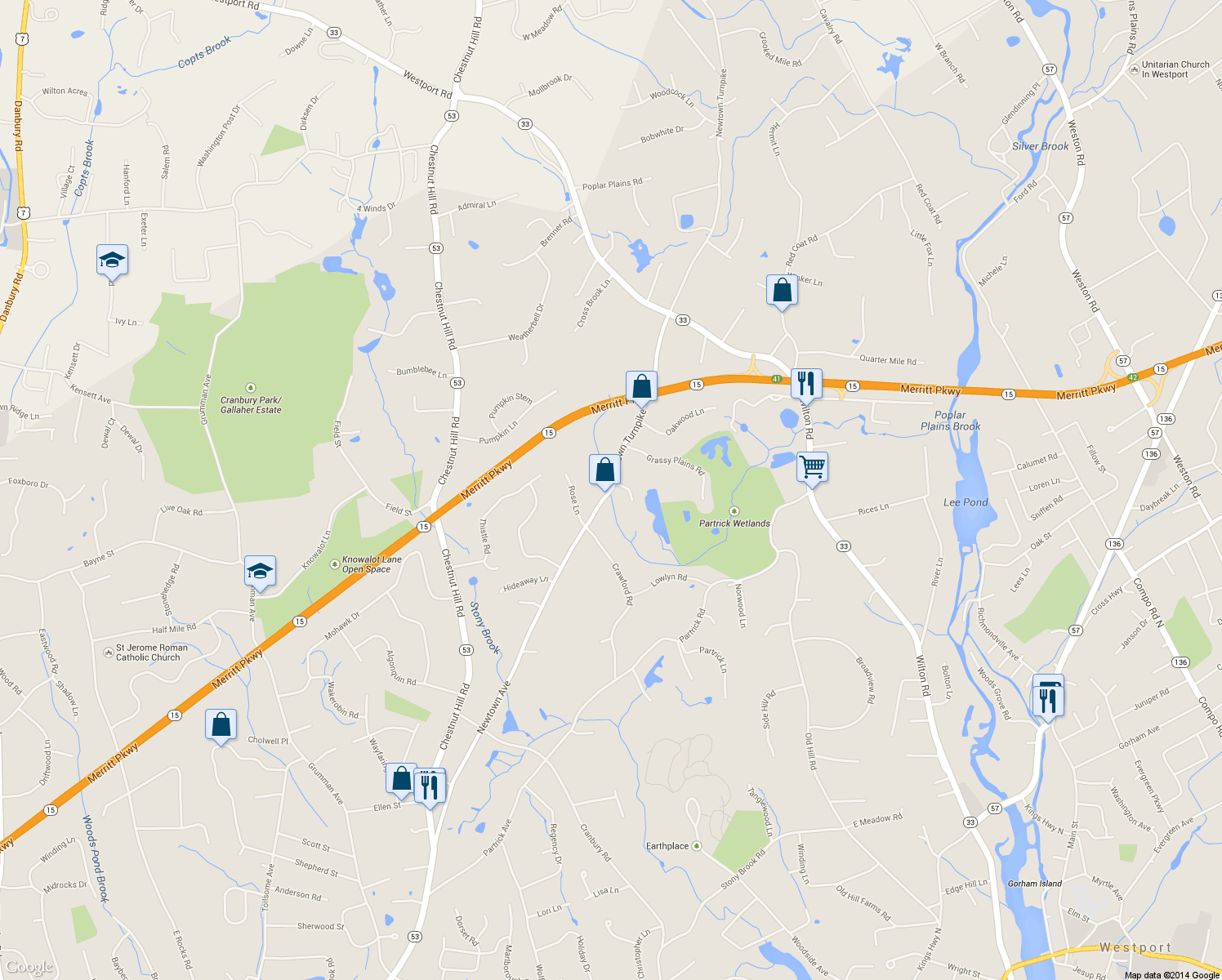 map of restaurants, bars, coffee shops, grocery stores, and more near 26 Newtown Turnpike in Westport