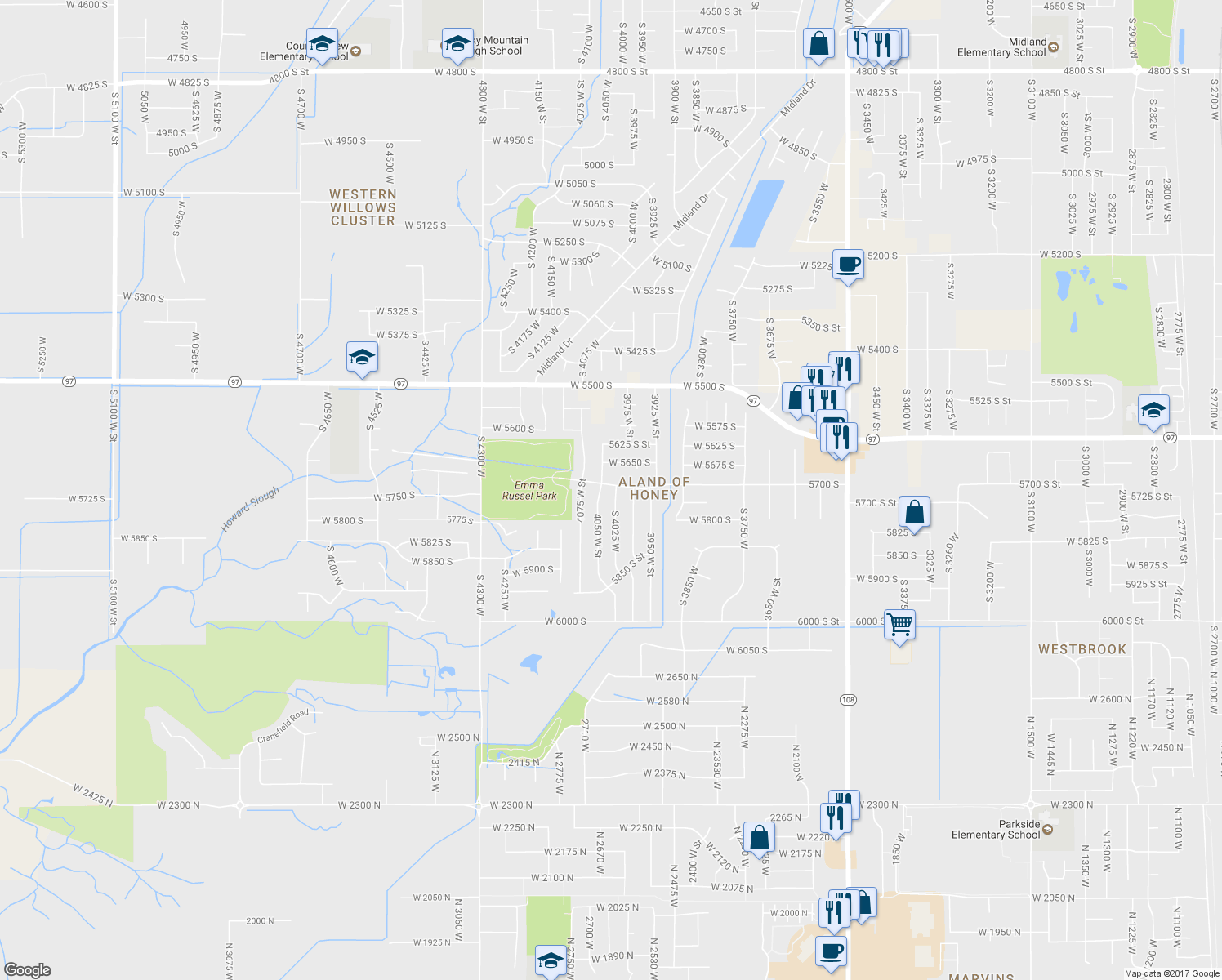 map of restaurants, bars, coffee shops, grocery stores, and more near 5703 South 4025 West in Roy