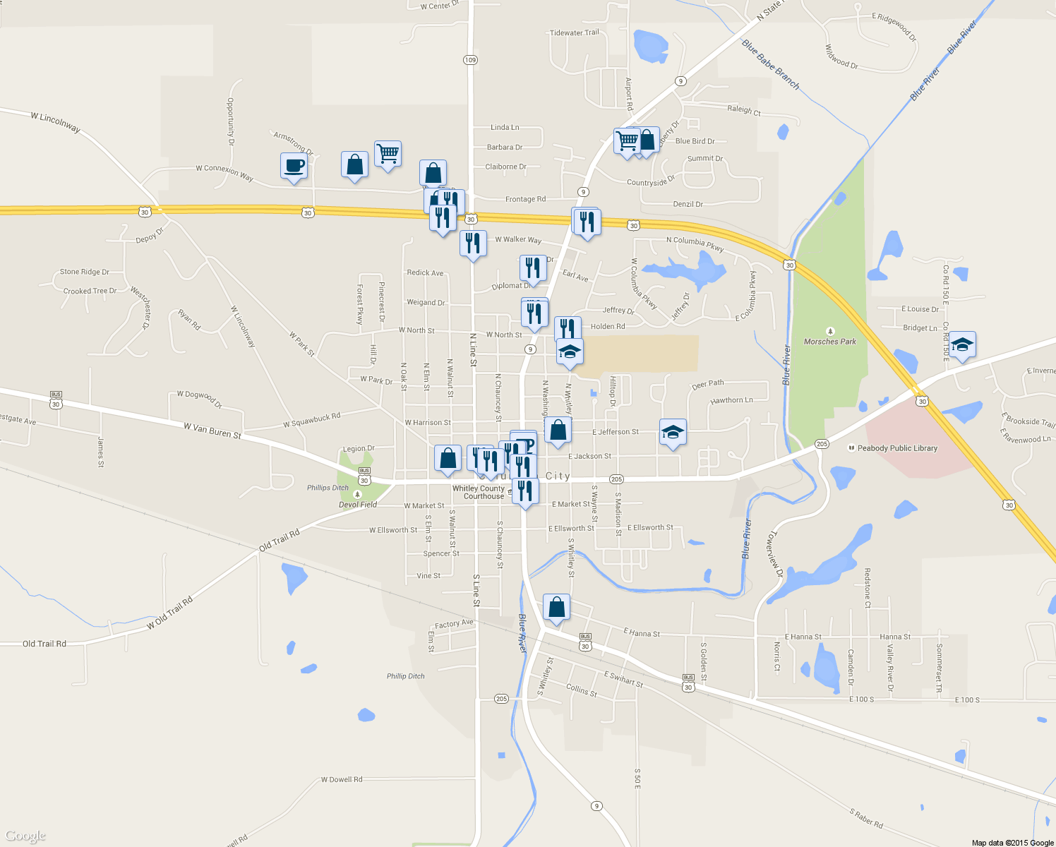 map of restaurants, bars, coffee shops, grocery stores, and more near 304 North Main Street in Columbia City