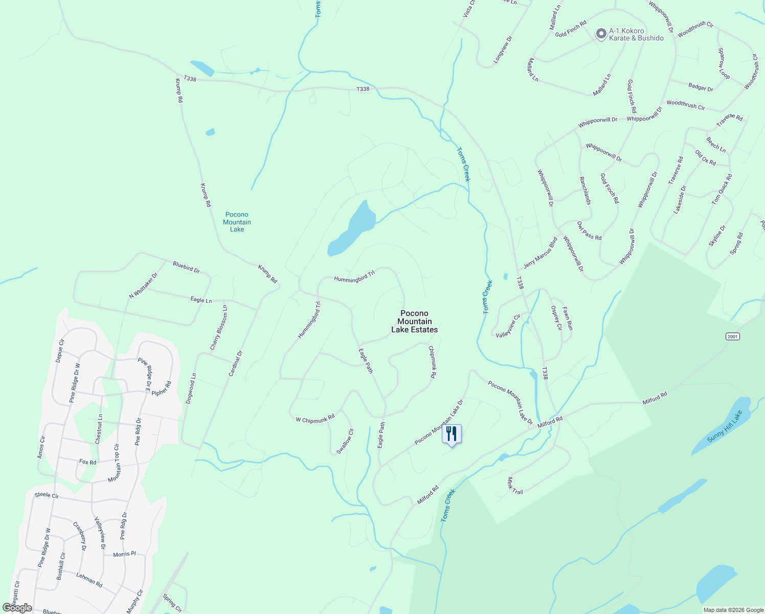 map of restaurants, bars, coffee shops, grocery stores, and more near 529 Hummingbird Court in Bushkill