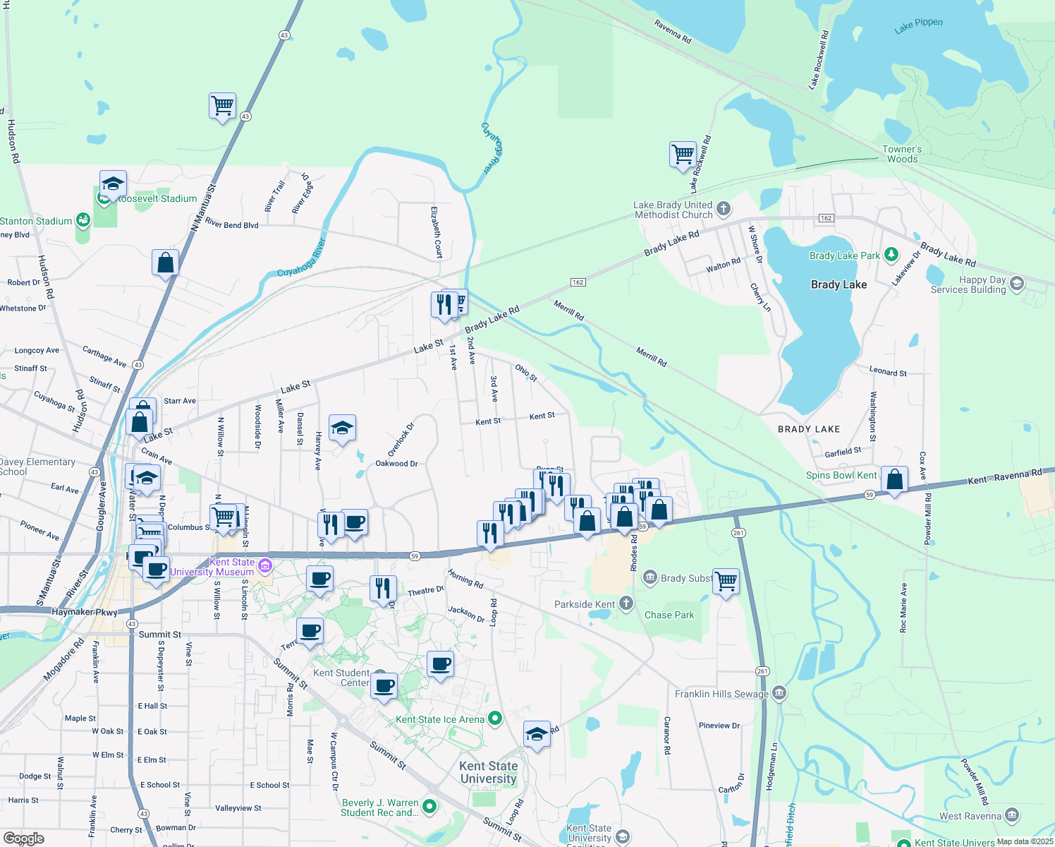 map of restaurants, bars, coffee shops, grocery stores, and more near 1656 Kent Street in Kent