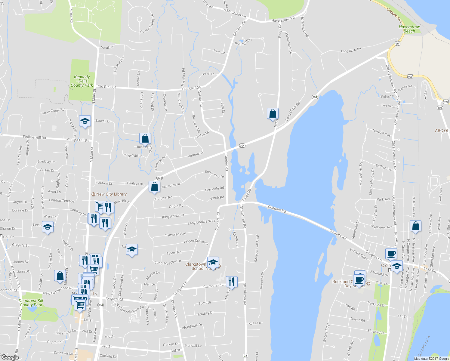 map of restaurants, bars, coffee shops, grocery stores, and more near 1 Snowdrop Drive in New City